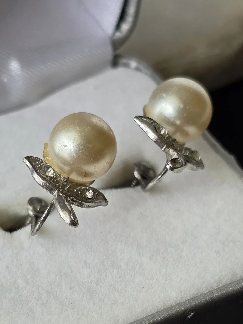 Vintage Sterling Silver Screwback Earrings Faux Pearl And Rhinestone Flower